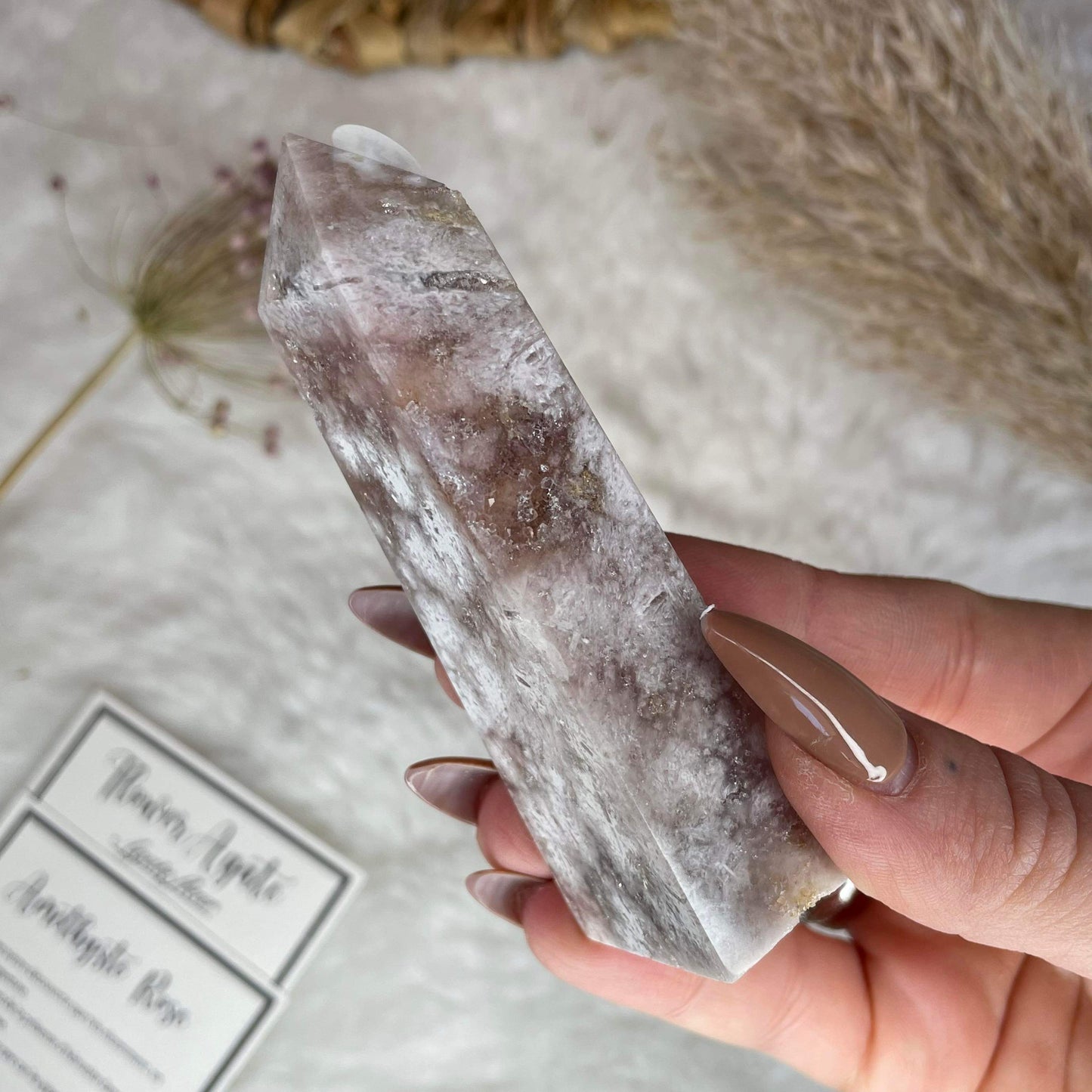 Pointe en agate fleur x améthyste rose