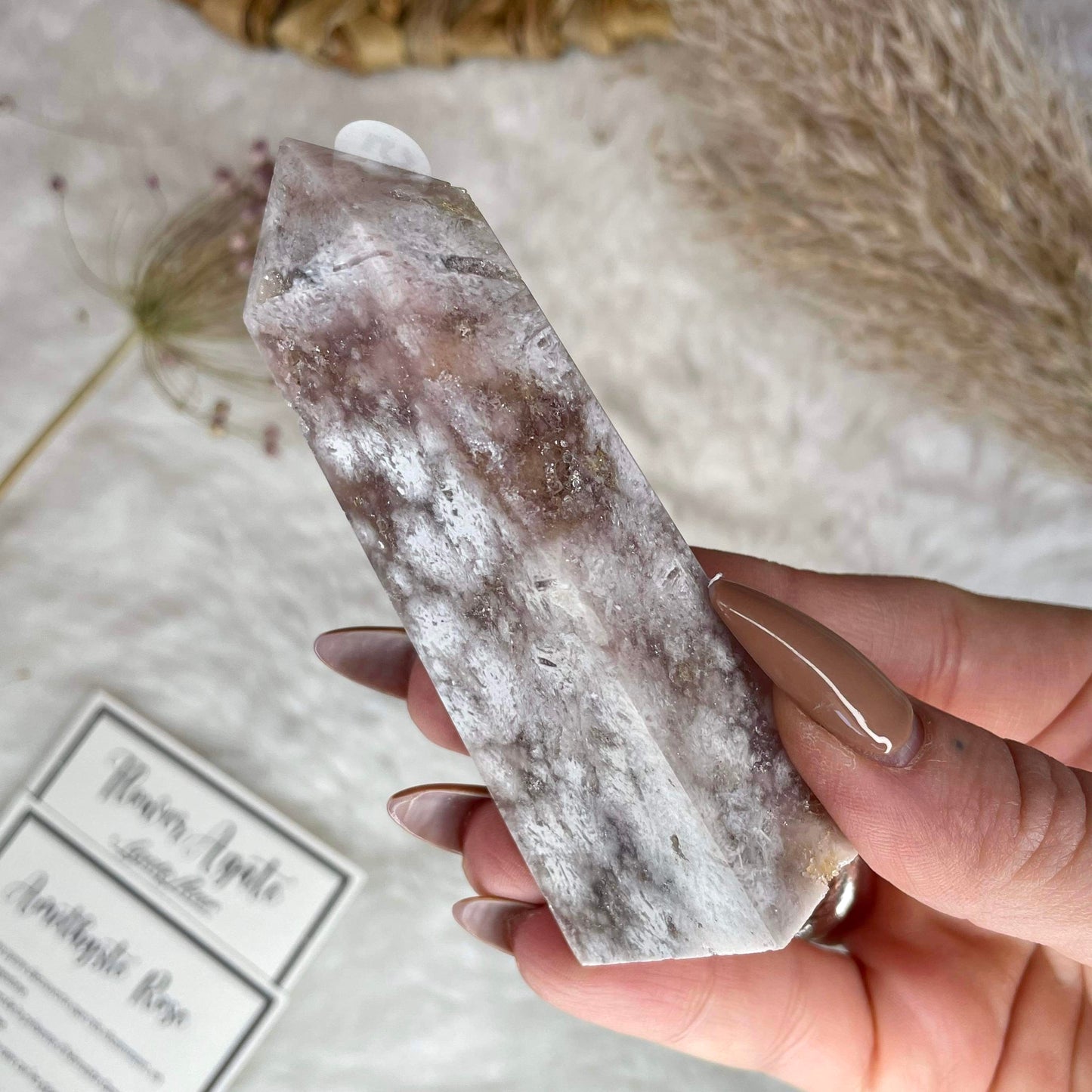 Pointe en agate fleur x améthyste rose